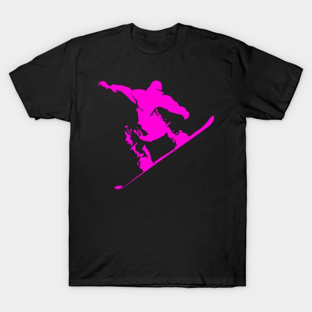 Snowboarding Neon Pink Boarder on Black T-Shirt by podartist